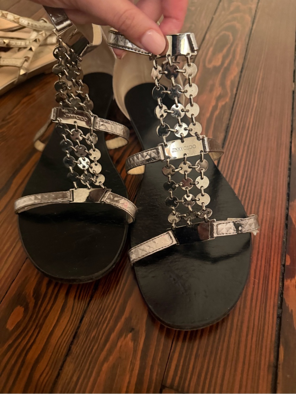 Jimmy Choo Silver T-Strap Chain Embellished Flat Sandals